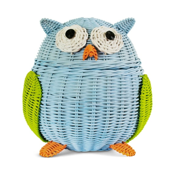 Blue Owl Rattan Storage Basket with Lid Decorative Home Decor Hand Woven Shelf Organizer Cute Handmade Handcrafted Gift Art Decoration Artwork Wicker Size: Small, 7" tall x 6.5" wide x 5.5" deep