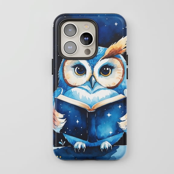 Blue Owl Reading Book For All iPhone Series Tough Phone Case Watercolor Blue