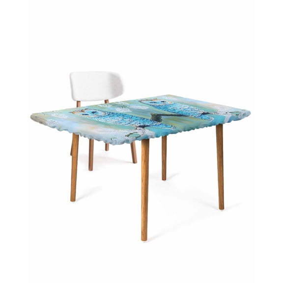 Blue Owl Rectangle Tablecloth, Waterproof Elastic Fitted Table Covers for 4 Foot Tables, 24x50inch Decorative Tablecloths for Picnic, Camping, Indoor, Outdoor, Watercolor Flower Bird on Branch