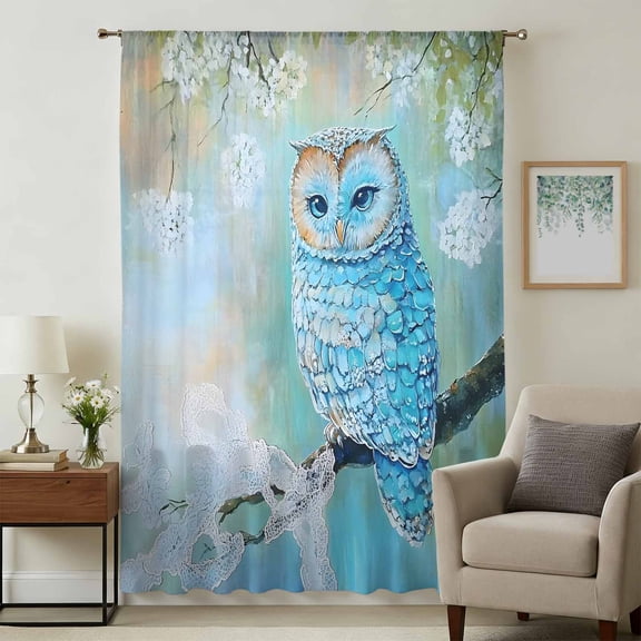Blue Owl Sheer Curtains 54 Inches Long, Watercolor Flower Bird on Branch Light Filering Curtains, Breathable Simi Curtain Privacy Drapes for Kitchen Bathroom Lightweight Small Window Treatment