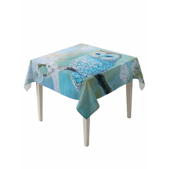 Blue Owl Table Cloth, Waterproof Tablecloth for Square Tables, Watercolor Flower Bird on Branch Reusable Washable Fabric Table Cover for Restaurant Kitchen Dining Tables 54"x54"