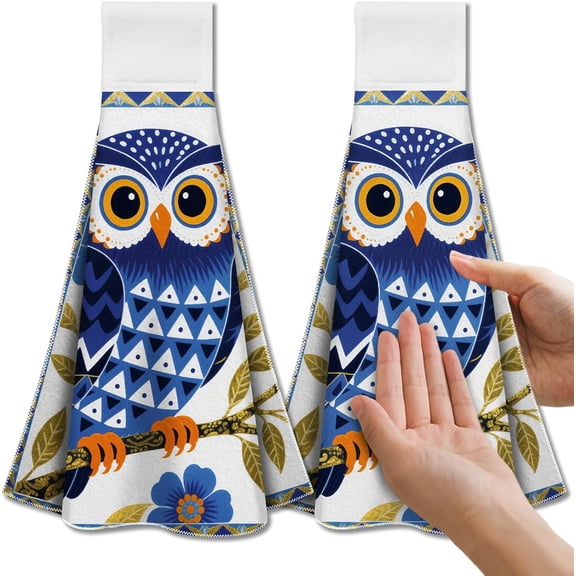 Blue Owl and Flower Hanging Kitchen Towels with Loop Set of 2 - Soft & Super Absorbent Microfiber Decorative Hanging Dish & Hand Towel