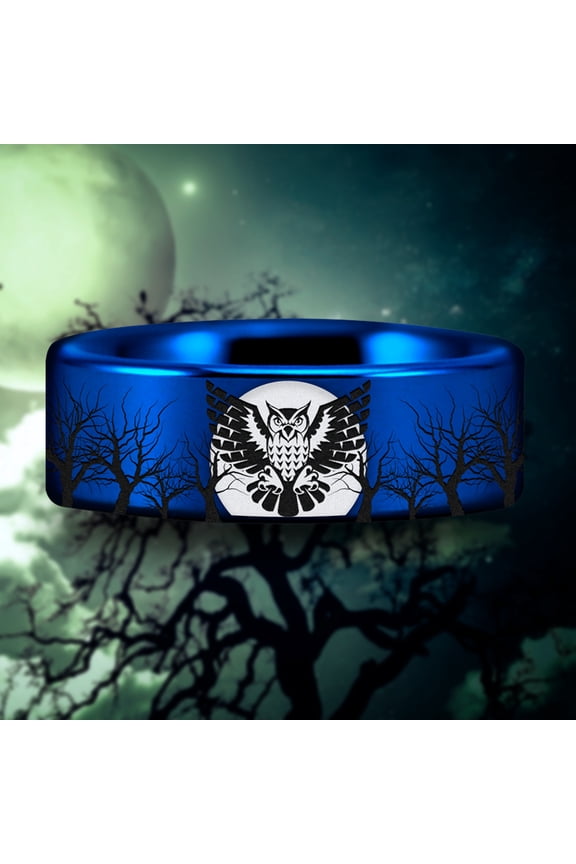 Blue Owl and Trees Tungsten Carbide Ring