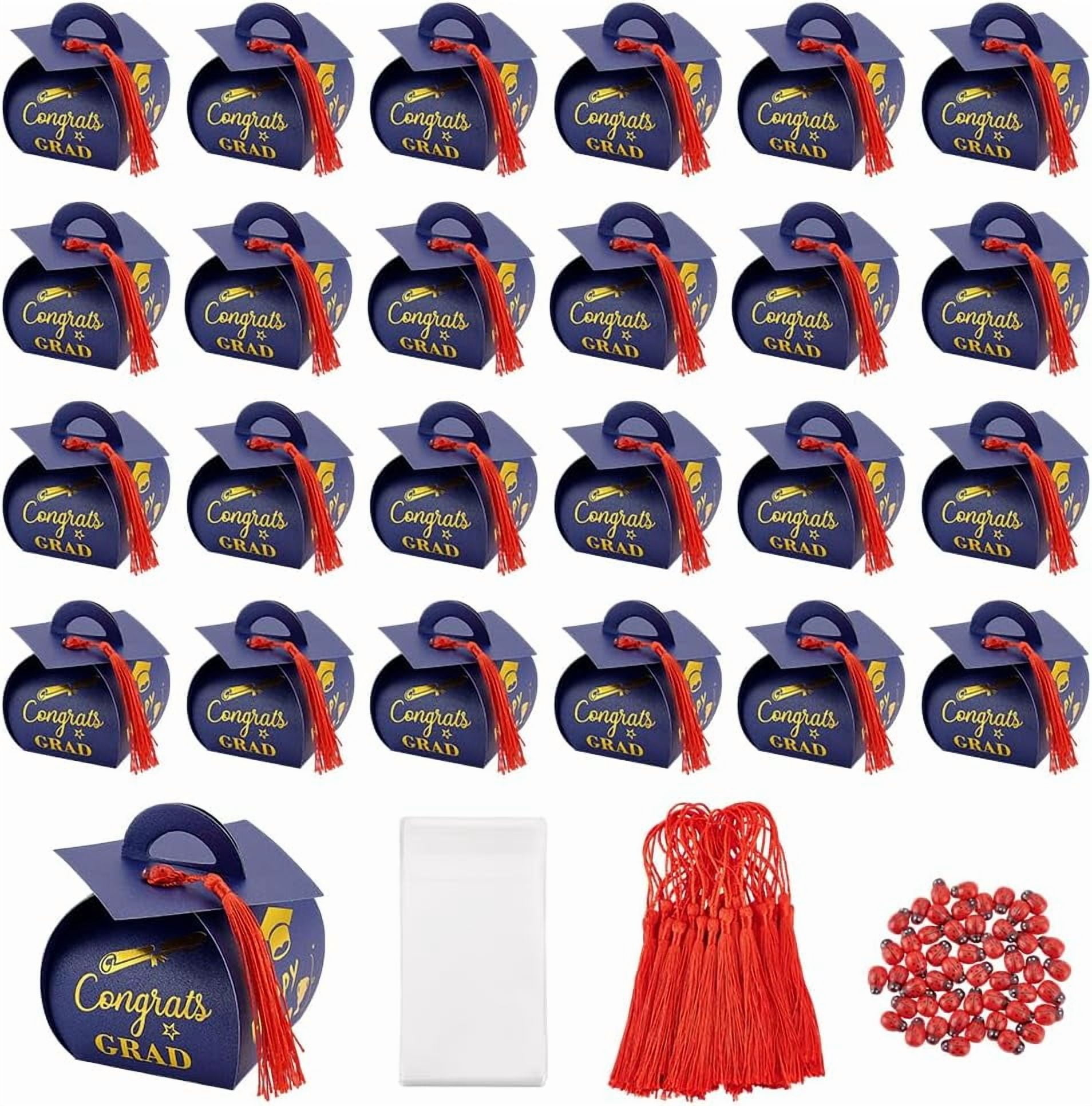 Blue PH 50 Sets Graduation Gift Boxes Candy Boxes Graduation Hat with Red Tassels Wood Cabochons with Tassels Wood Cabochon Cellophane Bags Box Decoration for Party Favor Blue