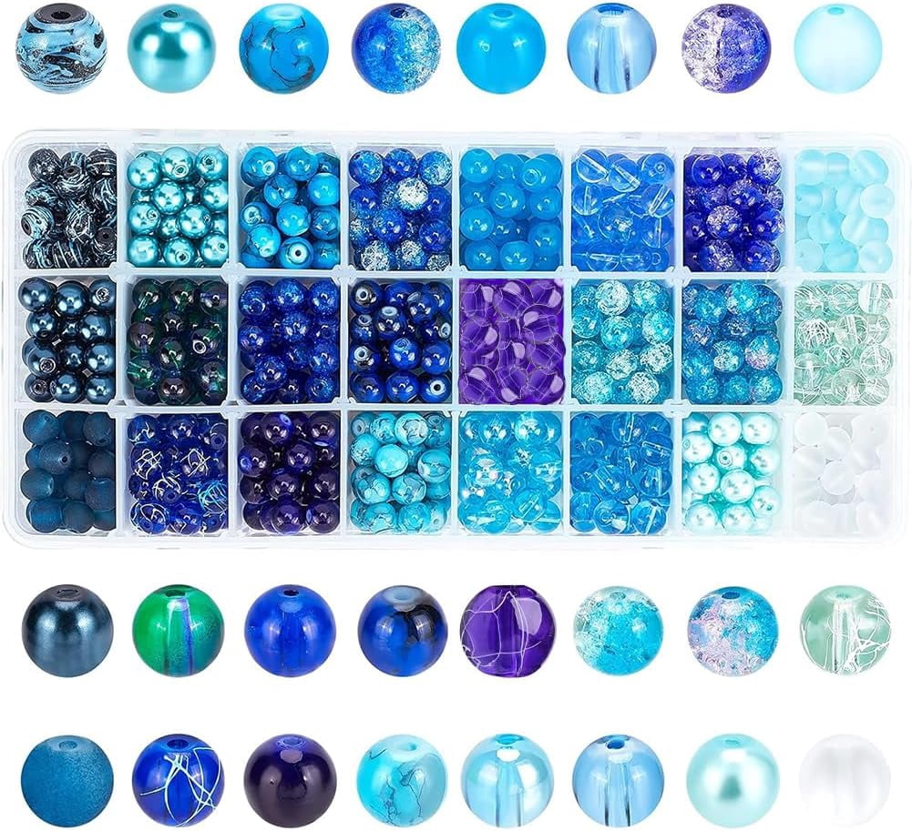 Blue PH 720pcs 8mm Blue Beads for Jewelry Making Glass Beads 24 Color Bracelet Bead Round Craft Loose Bead for Bracelets Necklaces Earring Summer Hawaii Boho Heshi Surfer Wave Jewelry Making