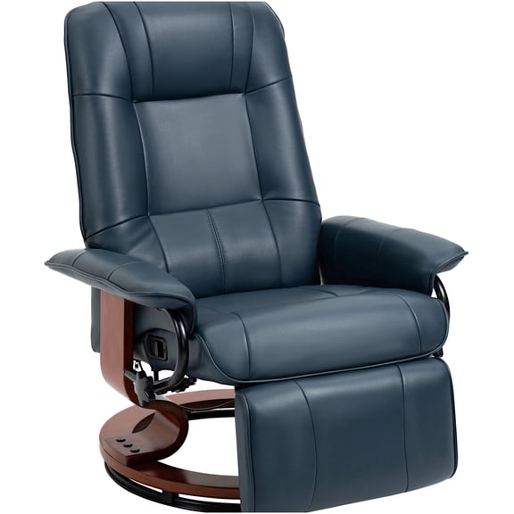 Blue PU Leather Manual Recliner Chair with Swivel Wood Base and Extendable Footrest