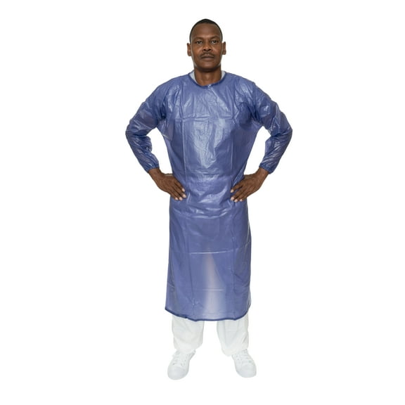 Blue PVC Cleanroom Chemical Apron, with Long Sleeves, Ties in Back, and Tunnelized Elastic Wrists