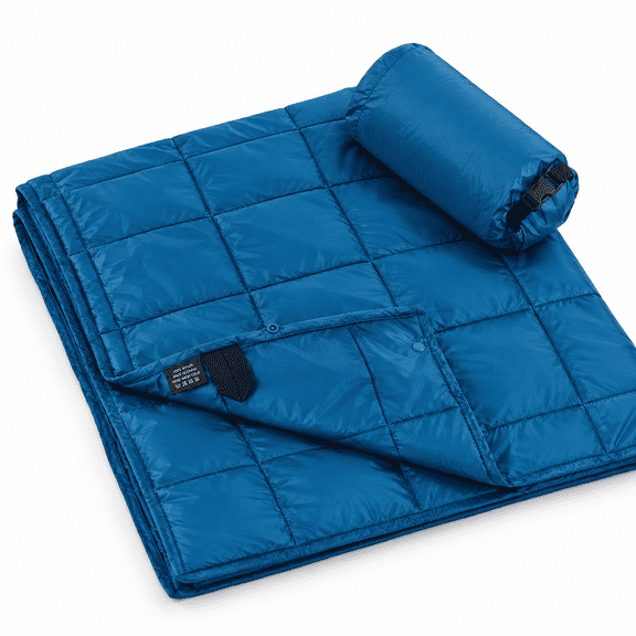 Blue Packable Down Alternative Camping Blanket 57x78 Inch Outdoor Throw