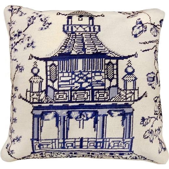 Blue Pagoda Needlepoint Pillow-WILLIAMSBURG