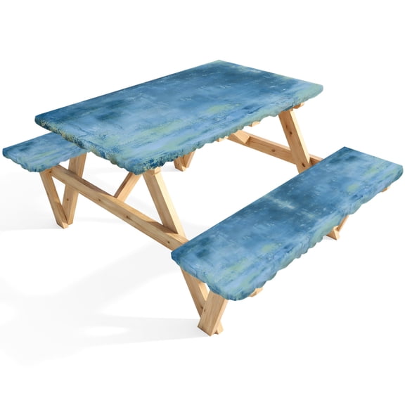 Blue Paint Picnic Table Cover with Bench Covers Modern Abstract Retro Indigo Paint Waterproof Fitted Picnic Tablecloth 3 Pieces Set Table Cloth for Outdoor Camping Garden BBQ