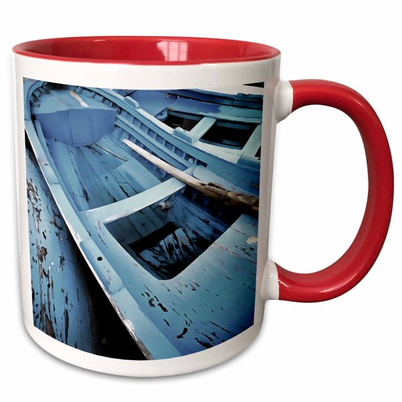 3drose, Blue Painted Rustic Wooden Fishing Boats, 15oz Two-tone Red Mug