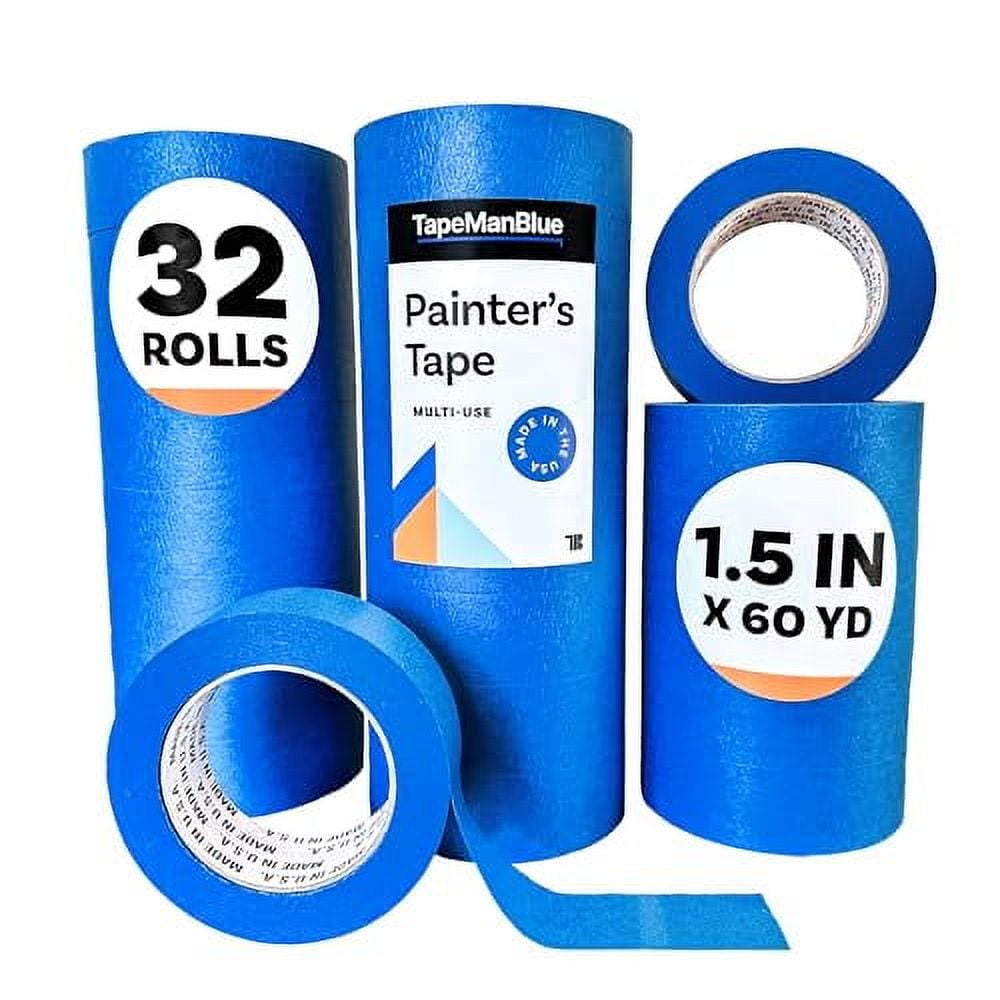 Blue Painters Tape 1.5 inch x 60 Yards - Case of 32 Rolls, Made in America, Clean Removal Blue Tape, UV-Resistant Blue Painters Masking Tape in Bulk (1.5" x 180')