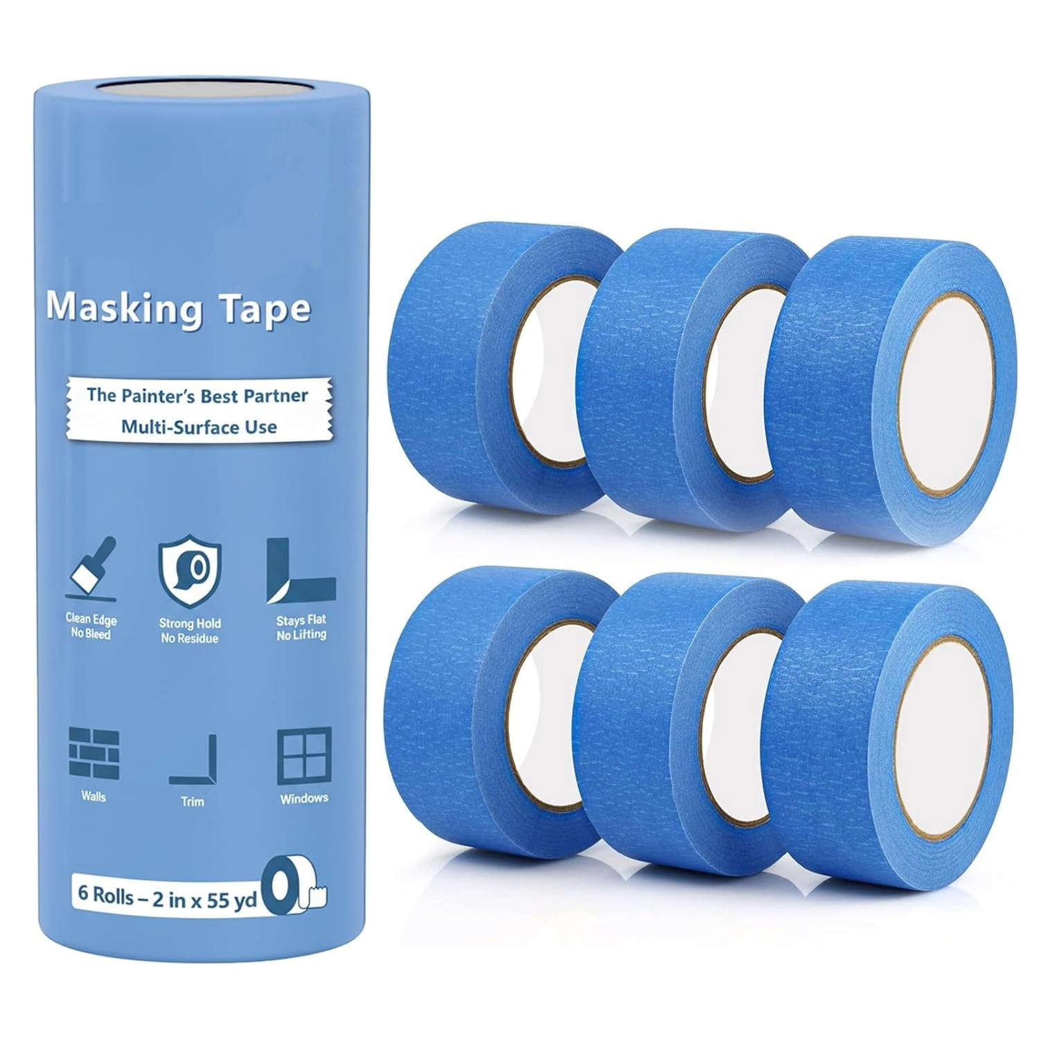 Blue Painters Tape 2 inch Wide (2 Inch x 55 Yards), Multi-Surface Masking Tape for Home Renovation, Clean Removal, No Residue, 6 Rolls