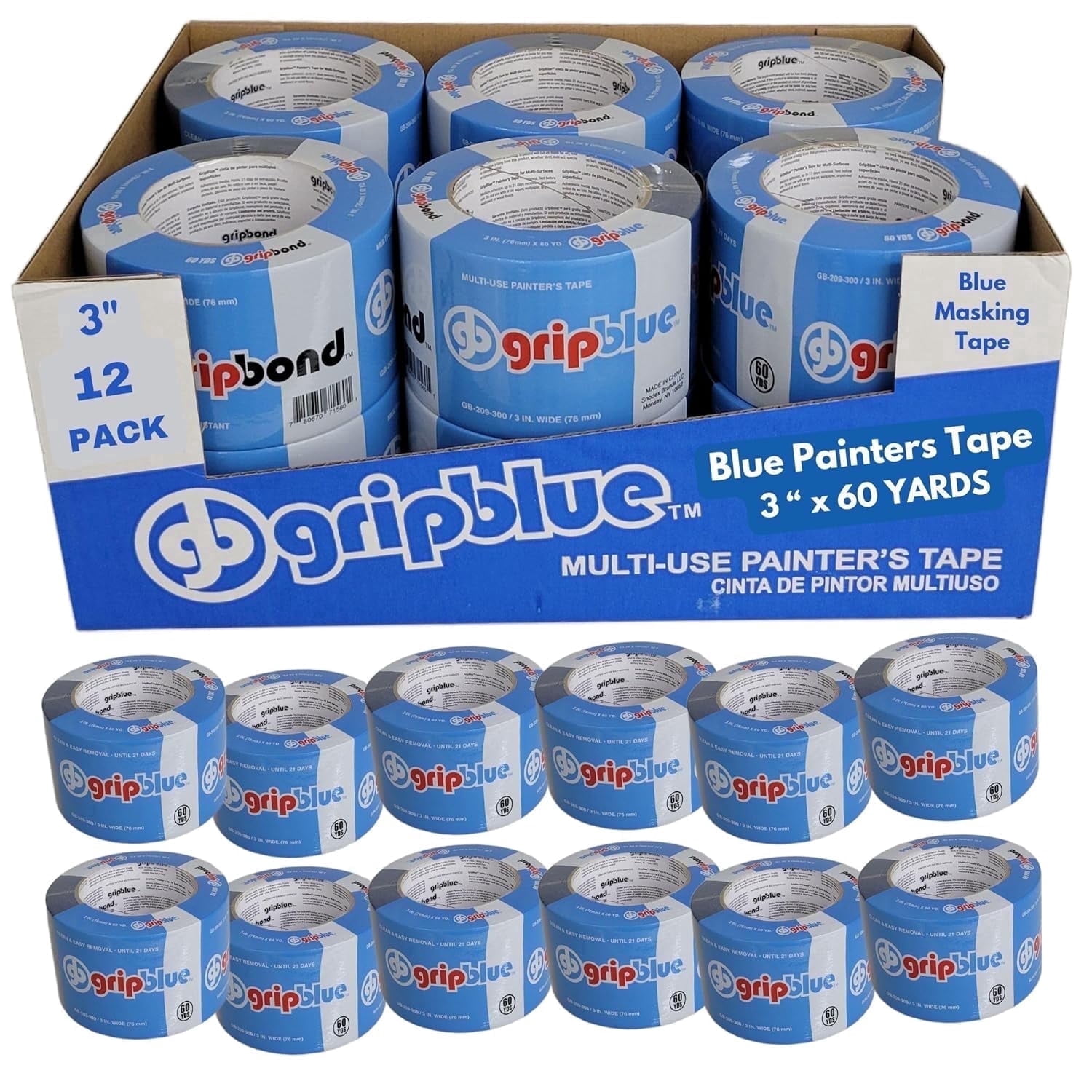 GripBlue Blue Painter’s Tape 3 Inch (2.83 in) x 60 Yards, 12 Rolls Contractor Pack, Multi-Surface Masking Tape for Painting, Clean Removal, Indoor Outdoor