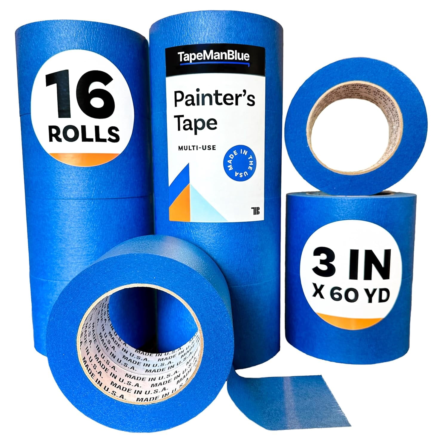 Blue Painters Tape 3 inch x 60 Yards - Case of 16 Rolls, Made in America, Clean Removal, UV-Resistant Blue Painters Masking Tape in Bulk (3" x 180')