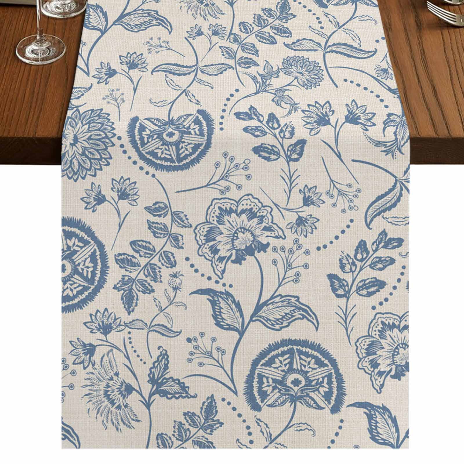Blue Paisley 48 Inch Table Runner, Vintage Boho Flower Botanical Leaf ...