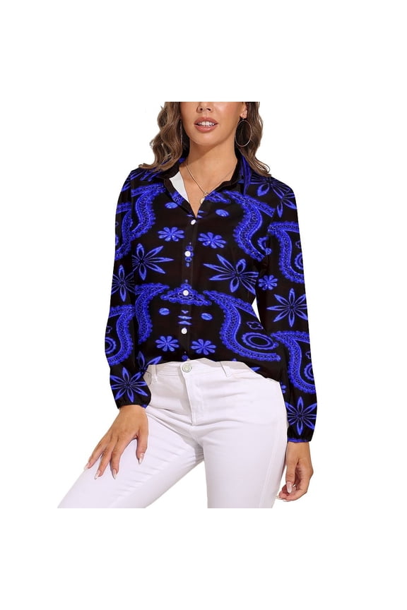 Blue Paisley Bandana Pattern Long Sleeve Blouse Woman Streetwear Casual Shirts Summer Oversize Woman Streetwear Clothing Birthday Present