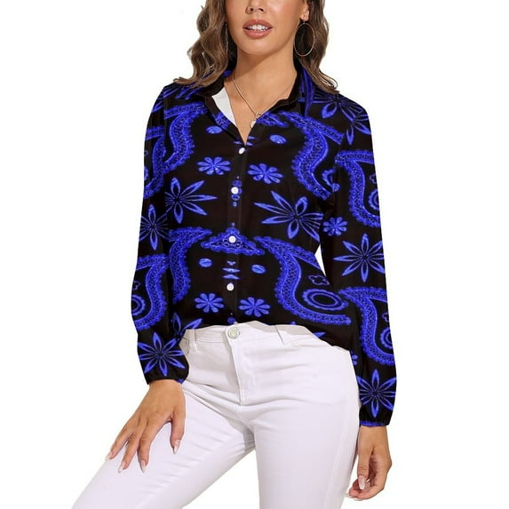 Blue Paisley Bandana Pattern Long Sleeve Blouse Woman Streetwear Casual Shirts Summer Oversize Woman Streetwear Clothing Birthday Present