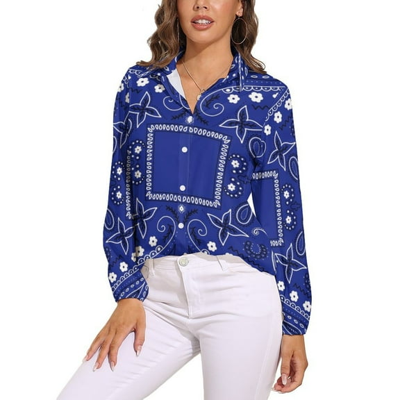 Blue Paisley Bandana Pattern Long Sleeve Blouse Woman Streetwear Casual Shirts Summer Oversize Woman Streetwear Clothing Birthday Present
