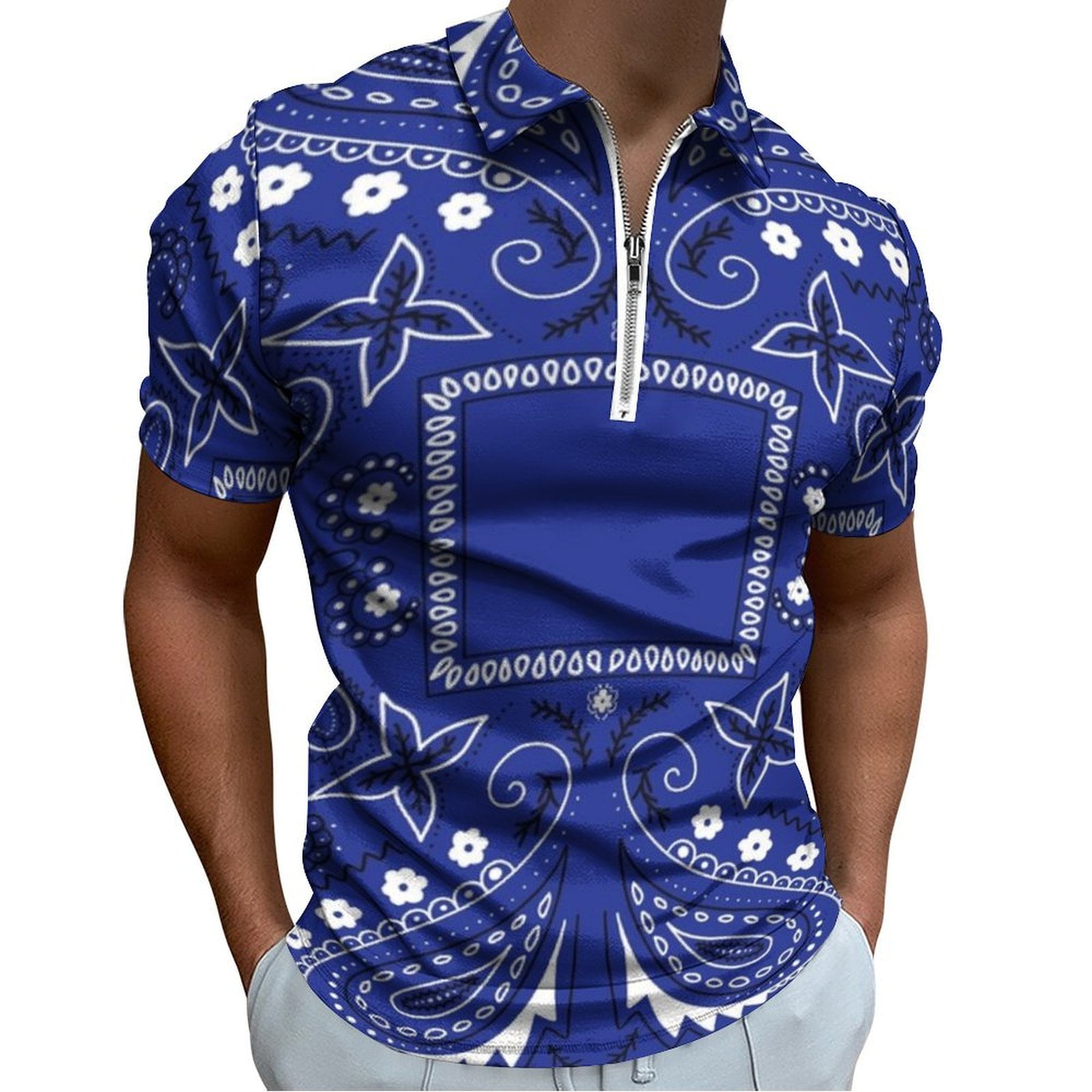 Purple Bandana Men Zipper T-shirt Summer Casual Short Sleeve