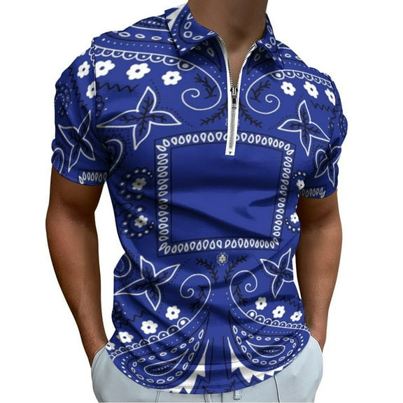 Blue Paisley Bandana Pattern Men Zipper T-shirt Summer Casual Short Sleeve T-shirt Top