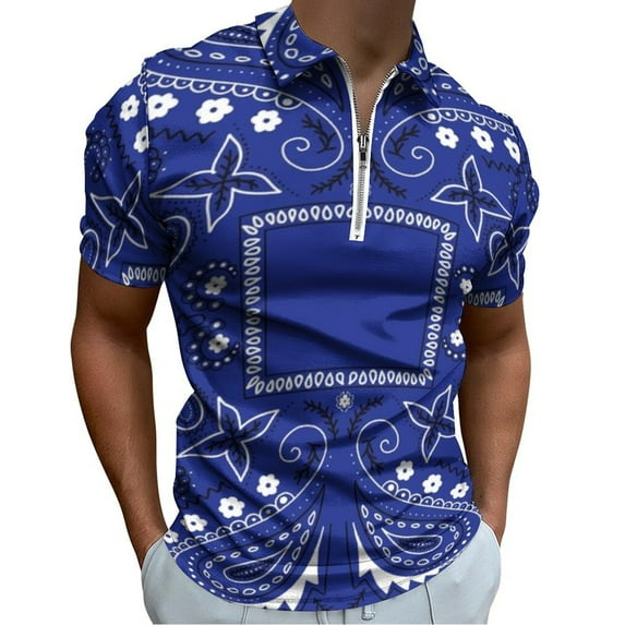 Blue Paisley Bandana Pattern Men Zipper T-shirt Summer Casual Short Sleeve T-shirt Top
