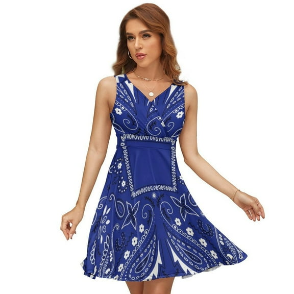 Blue Paisley Bandana Pattern Sleeveless Dress Women Summer Evening Dresses Ladies Sundress