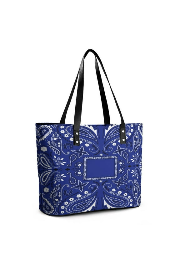 Blue Paisley Bandana Pattern Woman Leather Handbags Large Tote Bag Fashion Portable Handbags With Zipper
