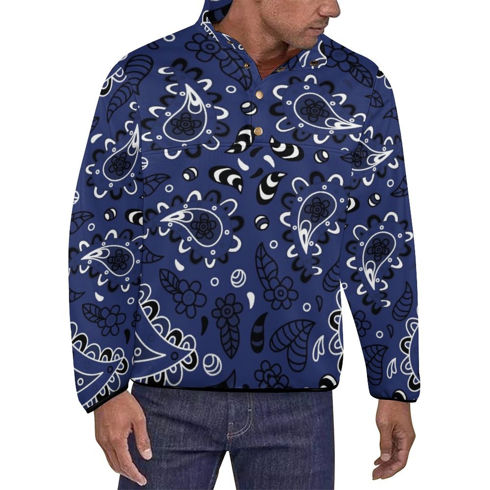 Blue Paisley Bandana Print Men's Stand Collar Sweater Long Sleeve