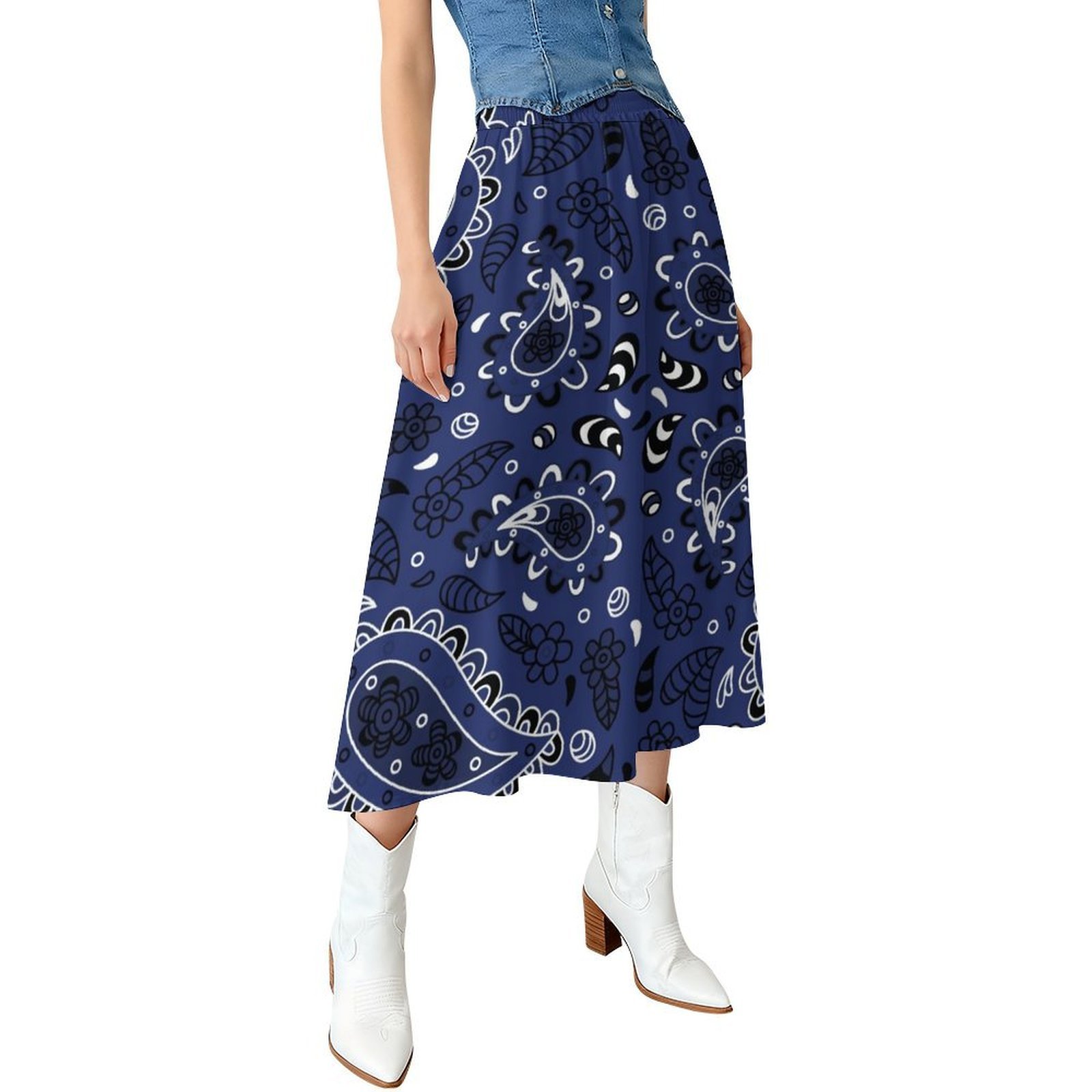 Blue Paisley Bandana Print Women High Waist Midi Skirt Elegant Midi