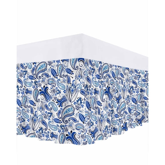 Blue Paisley Bed Skirt Queen Size 16 Inch Drop, Gradient Flowers Adjustable Elastic Dust Ruffles Bedskirt for Queen Bed Wrap Around Pleated Mattress Frame Cover