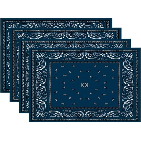 Blue Paisley Black Placemats,Floral Bandana Silk Neck Scarf Washable Linen Table Mats for Kitchen Table Double Insulation Decor Dining Set Indoor Outdoor 12X18 in Set of 4
