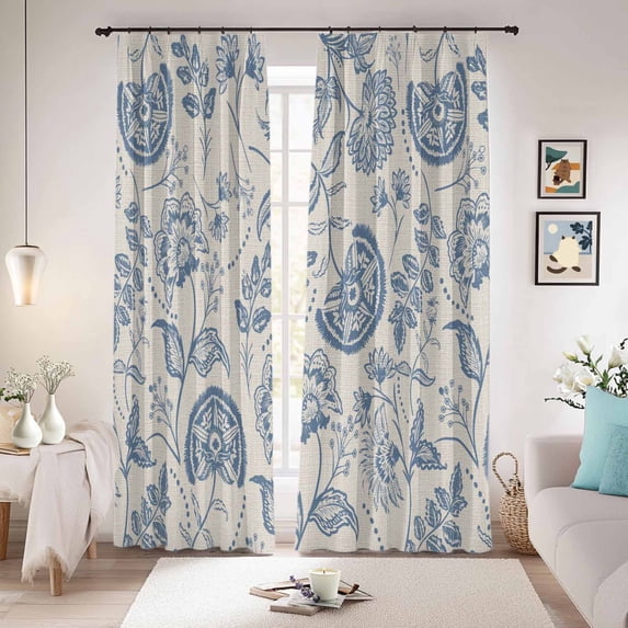 Blue Paisley Blackout Curtains for Bedroom/Living Room, Pinch Pleated Black Out Curtains, Vintage Boho Flower Botanical Leaf Branch Room Darkening Window Drapes with Hooks 2 Panels, 59"x70"
