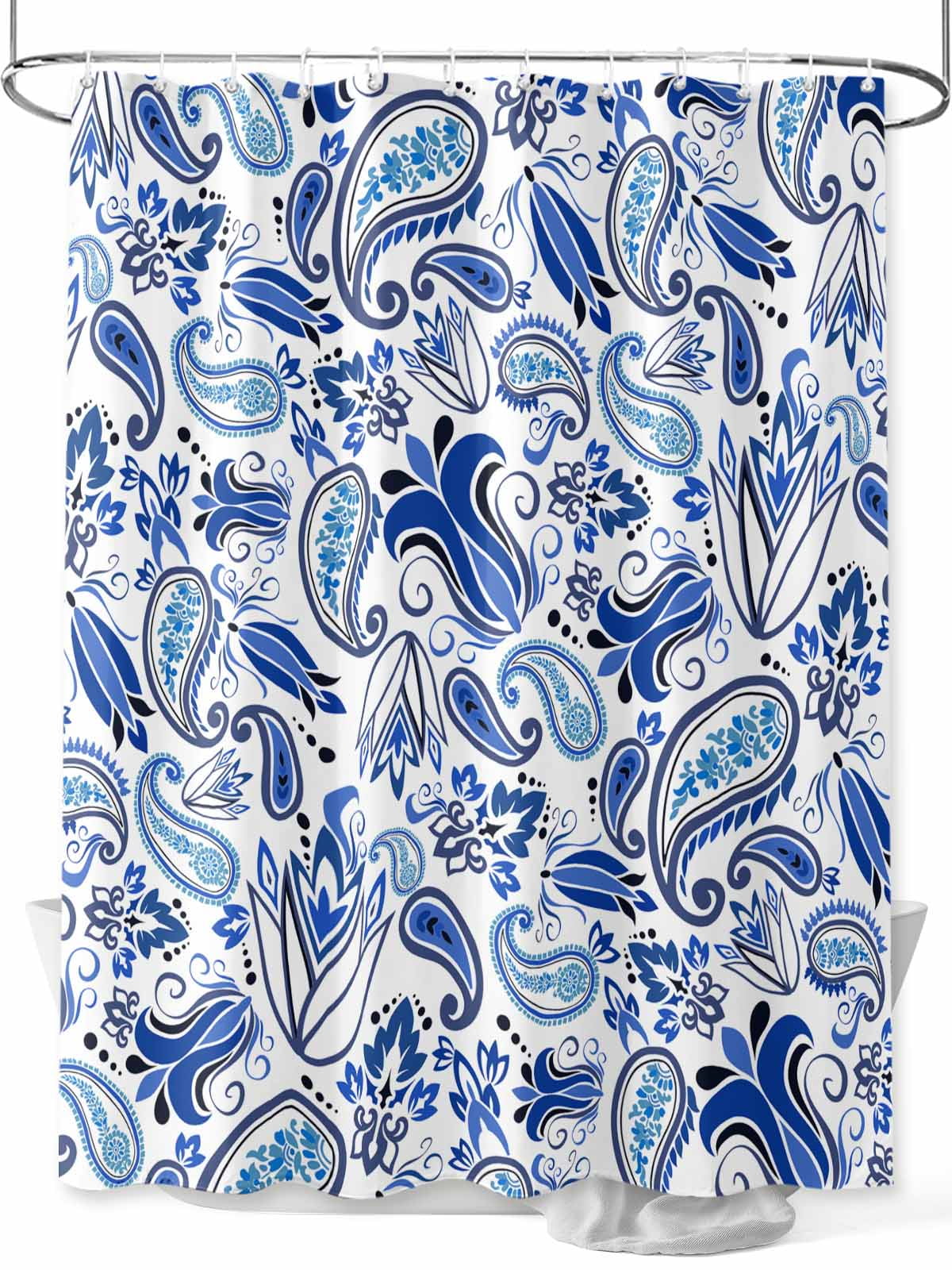 View of Blue Paisley Boho Shower Curtain, Abstract Retro Floral Bathroom Decor ...
