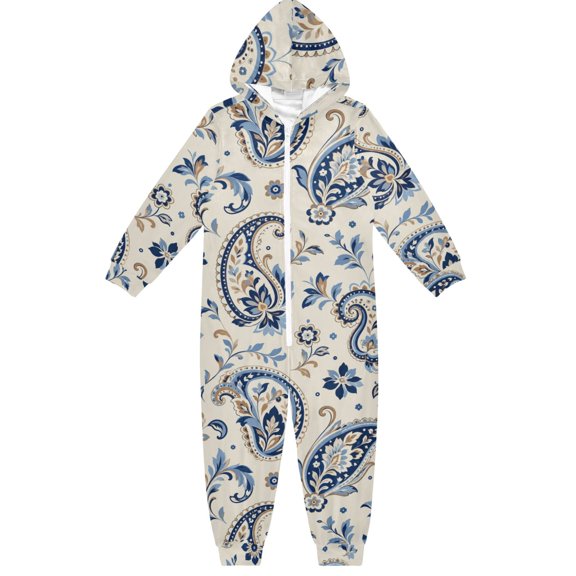 Blue Paisley Boys & Girls Hooded One-Piece Pajamas Warm Crystal velvet Hooded Long Sleeve Loungewear Jumpsuit Unisex