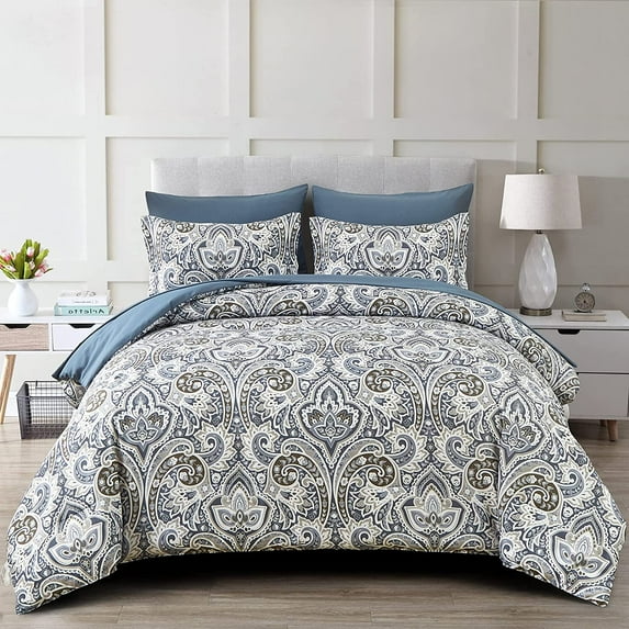 Blue Paisley Comforter Set Full Size 7 Pieces Bed in a Bag Comforter Boho Paisley Pattern Bedding Set Pillowcases
