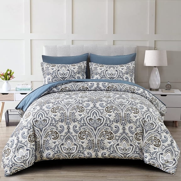Blue Paisley Comforter Set King Size 7 Pieces Bed in a Bag Comforter Boho Paisley Pattern Bedding Set Pillowcases