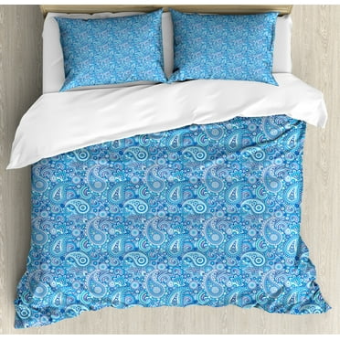 Blue Paisley Duvet Cover Set, Repetitive Folk Art Pine Cone Shaped Motif in Blue Tones Illustration, Decorative 3 Piece Bedding Set with 2 Pillow Shams, Calking Size, Sky Blue Pale Blue, by Ambesonne