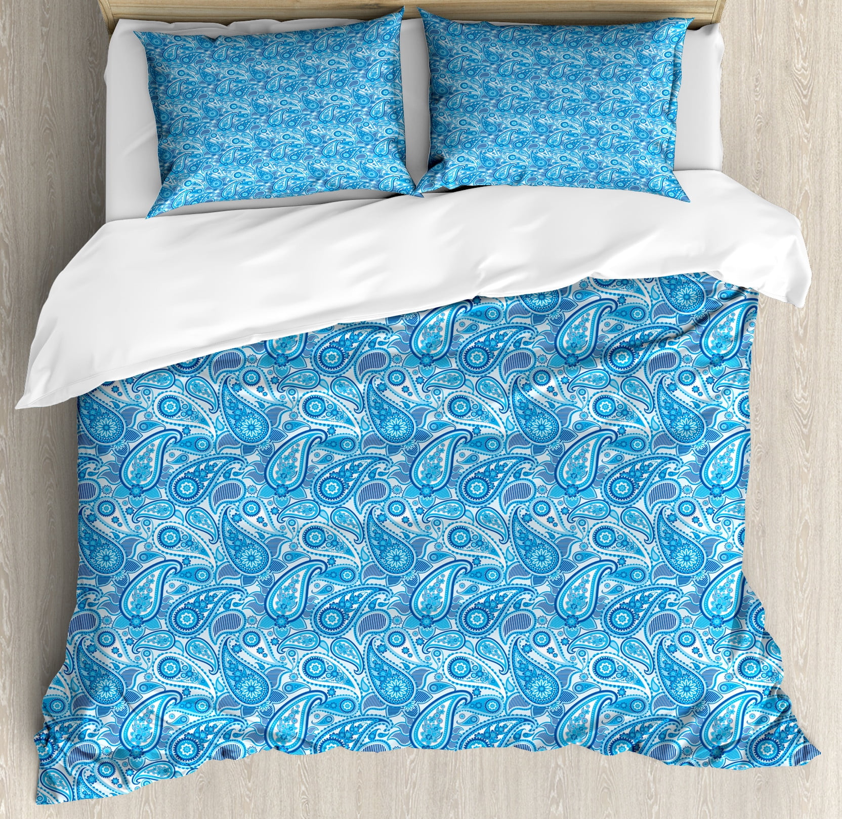 Blue Paisley Duvet Cover Set, Rhythmic Buta Elements with Floral ...