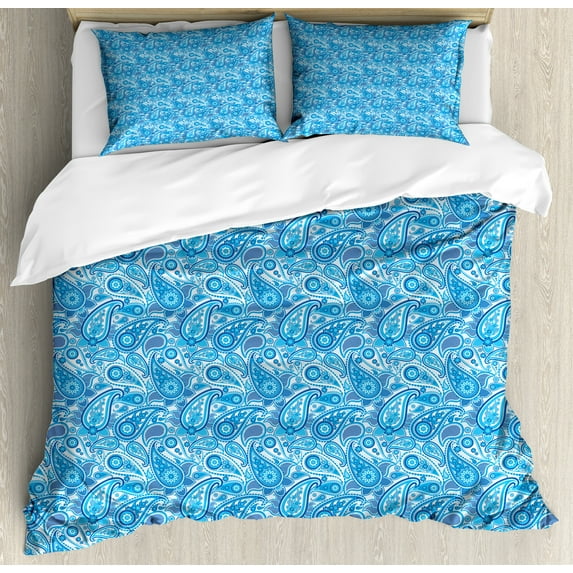 Blue Paisley Duvet Cover Set, Rhythmic Buta Elements with Floral Ornaments Illustration Print, Decorative 3 Piece Bedding Set with 2 Pillow Shams, King Size, Cobalt Blue Azure Blue, by Ambesonne