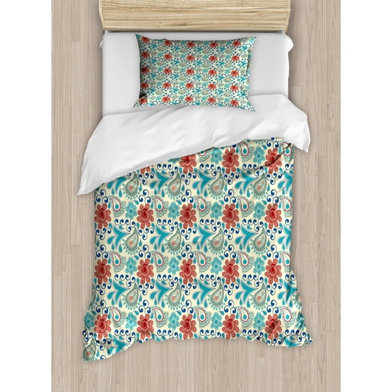 Blue Paisley Duvet Cover Set, Vintage Style Flowers Folkloric Effect Motifs Sketch Like Arrangement, Decorative 2 Piece Bedding Set with 1 Pillow Shams, Twin Size, Cream Multicolor, by Ambesonne