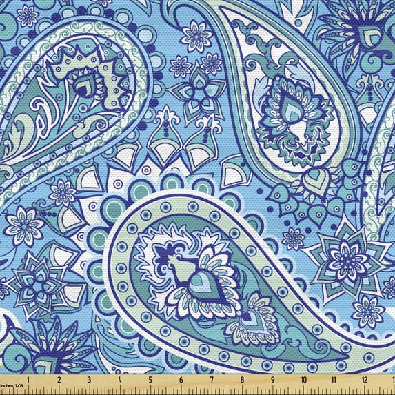 Ambesonne Blue Paisley Fabric by the Yard Upholstery, Ethnical Flowers Art, 1 Yard, Sky Blue and White