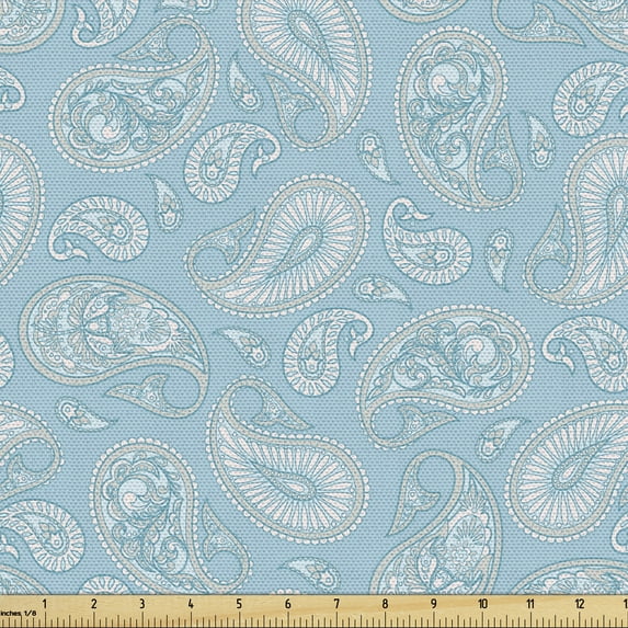 Ambesonne Blue Paisley Fabric by the Yard Upholstery, Pine Cone Inspiration, 2 Yards, Pale Blue and Champagne