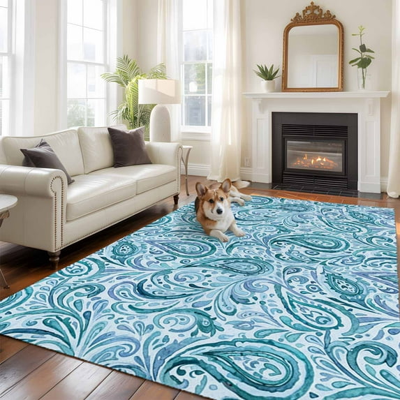 Blue Paisley Floral Area Rugs 5x7 ft Retro Abstract Watercolor Paisley Floral Washable Rug Non Slip Indoor Carpet Absorbent Floor Mat for Living Room Bedroom Dining Room