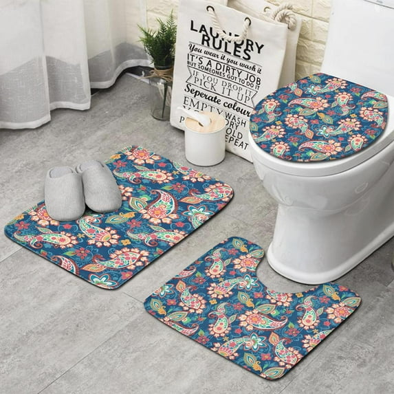 Blue Paisley and Floral Pattern Bathroom Rugs Sets 3 Piece,Toilet Cover Set,Absorbent Non Slip Bathroom Mats Sets with U-Shaped Contour Rug Toilet Rug Set