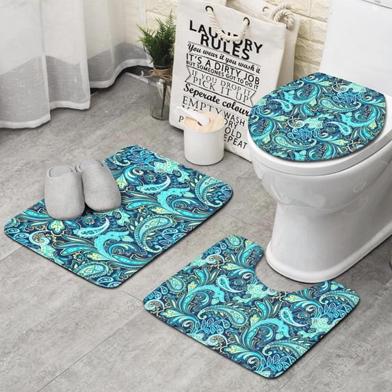 Blue Paisley and Floral Pattern Bathroom Rugs Sets 3 Piece,Toilet Cover Set,Absorbent Non Slip Bathroom Mats Sets with U-Shaped Contour Rug Toilet Rug Set
