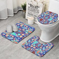 Blue Paisley and Floral Pattern Bathroom Rugs Sets 3 Piece,Toilet Cover Set,Absorbent Non Slip Bathroom Mats Sets with U-Shaped Contour Rug Toilet Rug Set