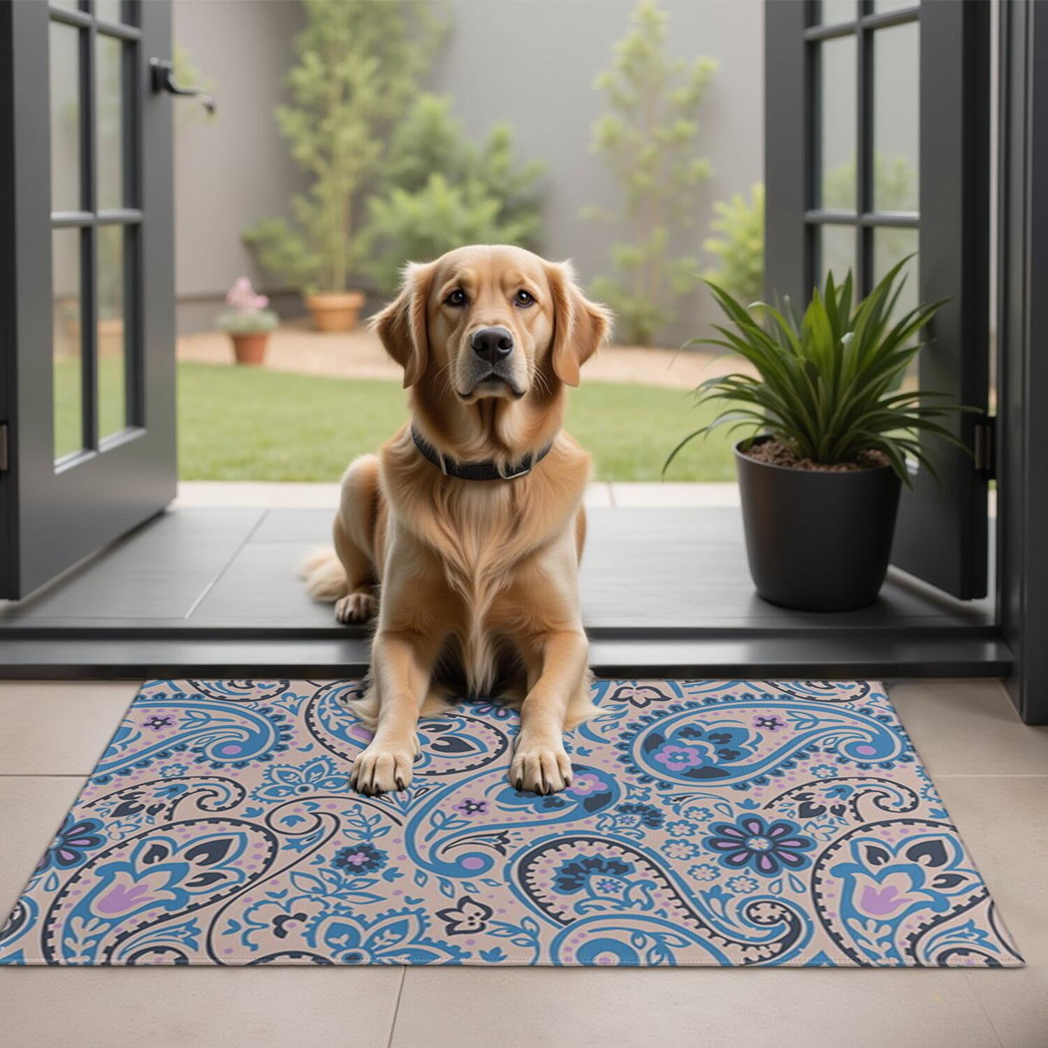 Blue Paisley and Floral Pattern Door Rugs,Washable Non Slip Door Mats