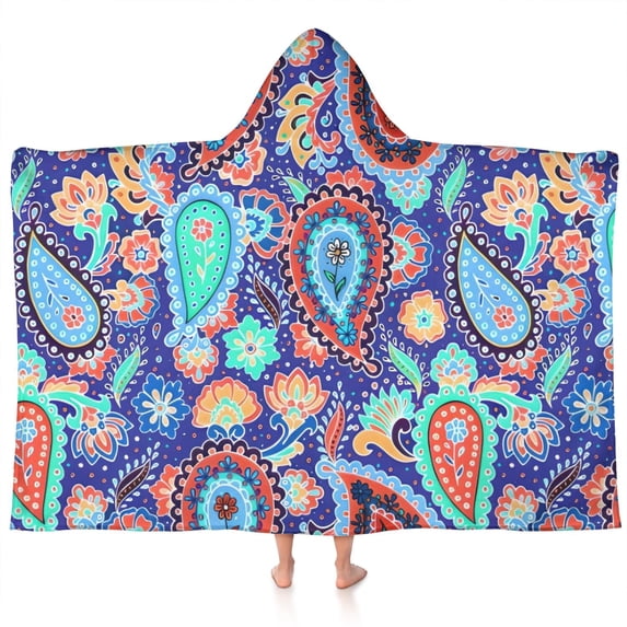 Blue Paisley and Floral Pattern Hooded Bath Towel,60"x35" for Ages 3 To 12 Kids, Quick Dry Lightweight Soft Microfiber Hood Beach Towel Cover Up for Kids