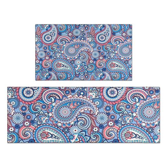 Blue Paisley and Floral Pattern Kitchen Rugs Sets Of 2,Anti Fatigue Kitchen Mat Rugs Non Slip Washable,Decorative Kitchen Floor Mats for Kitchen,Sink,Laundry,17"x30"+17"x47"